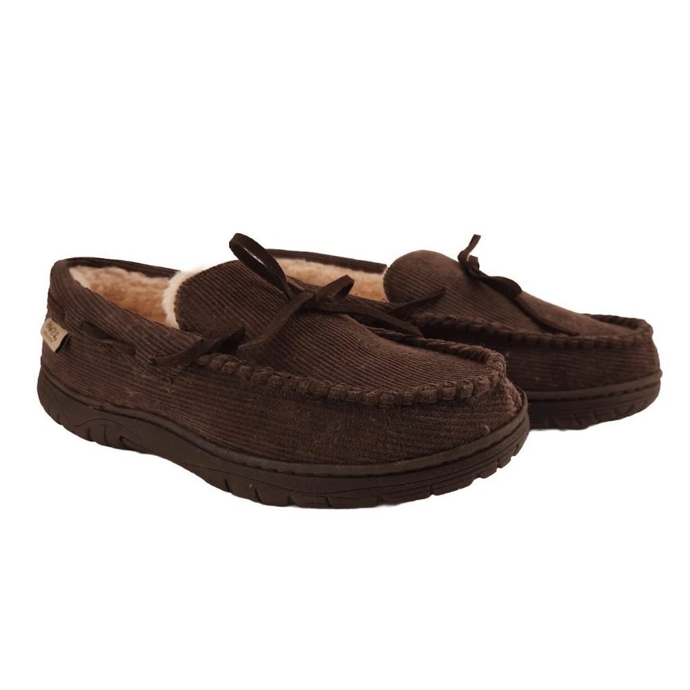 Bearpaw PAWZ Men’s Corduroy Slipper Moccasins Brown Faux Fur Lined Size 8